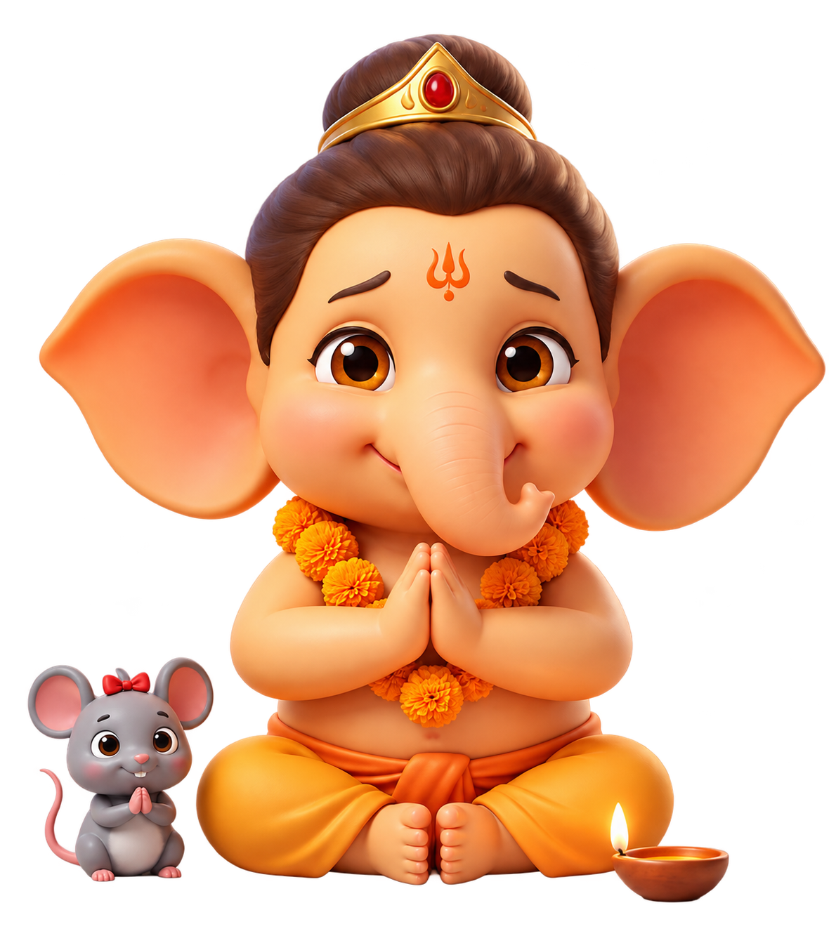 Baby Ganpati Bappa with folded hands, accompanied by Mushak and a glowing diya
