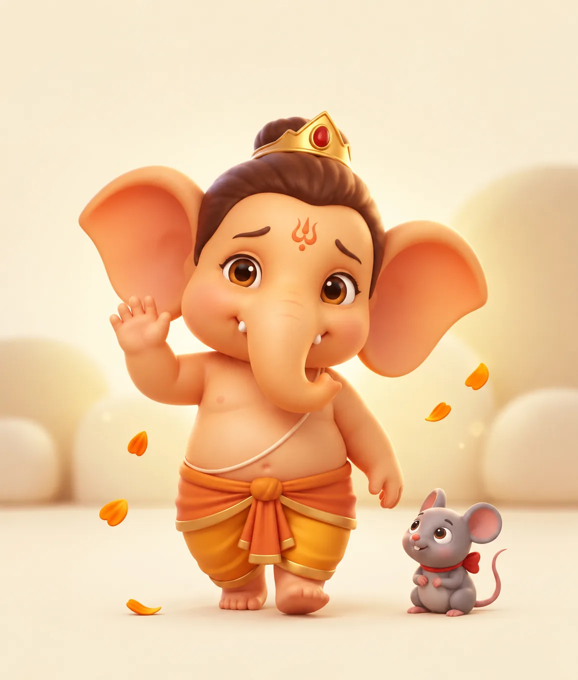 Baby Ganesha and Mushak the mouse arriving with a wave and marigold petals