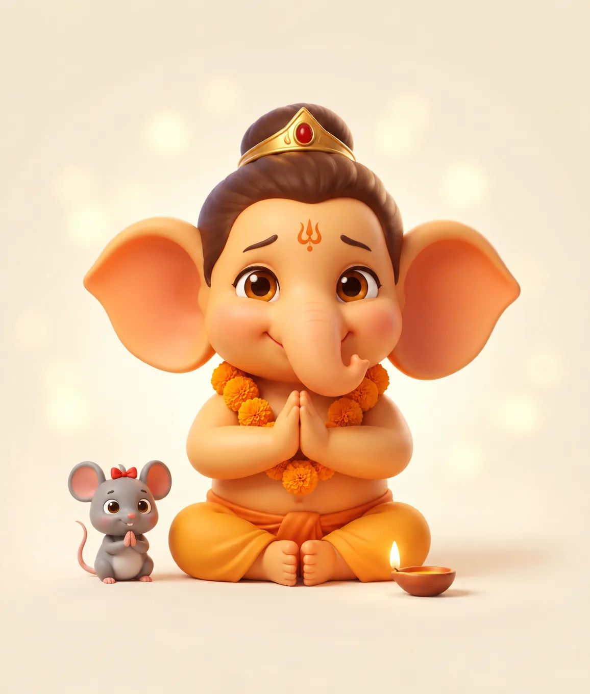 Baby Ganesha sitting with a diya and marigold garland, welcomed with a namaste