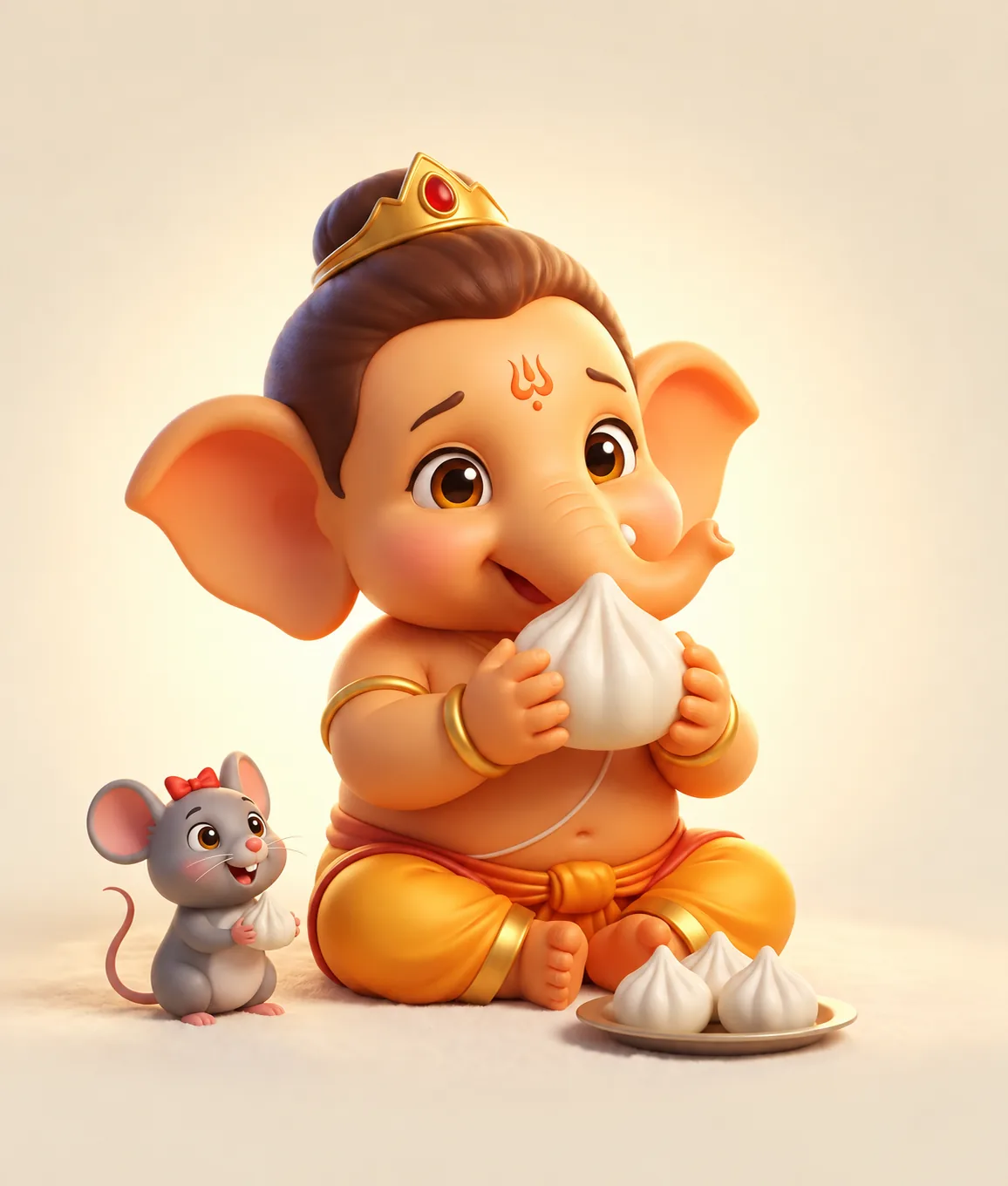 Baby Ganesha happily holding a modak sweet with Mushak beside him