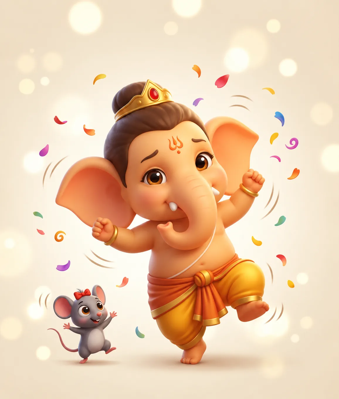 Baby Ganesha dancing joyfully with Mushak amid festive confetti