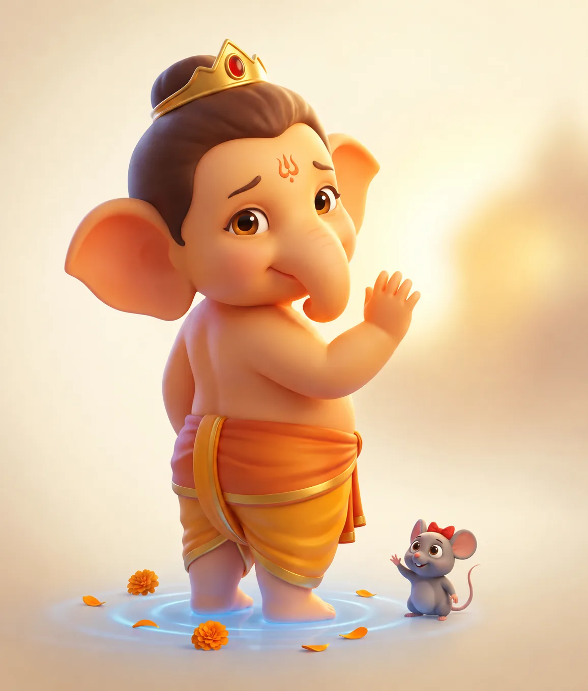 Baby Ganesha gently waving goodbye beside softly rippling water
