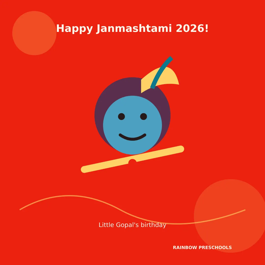 Janmashtami 2026 cute cartoon baby Krishna with flute — free download from Rainbow Preschools
