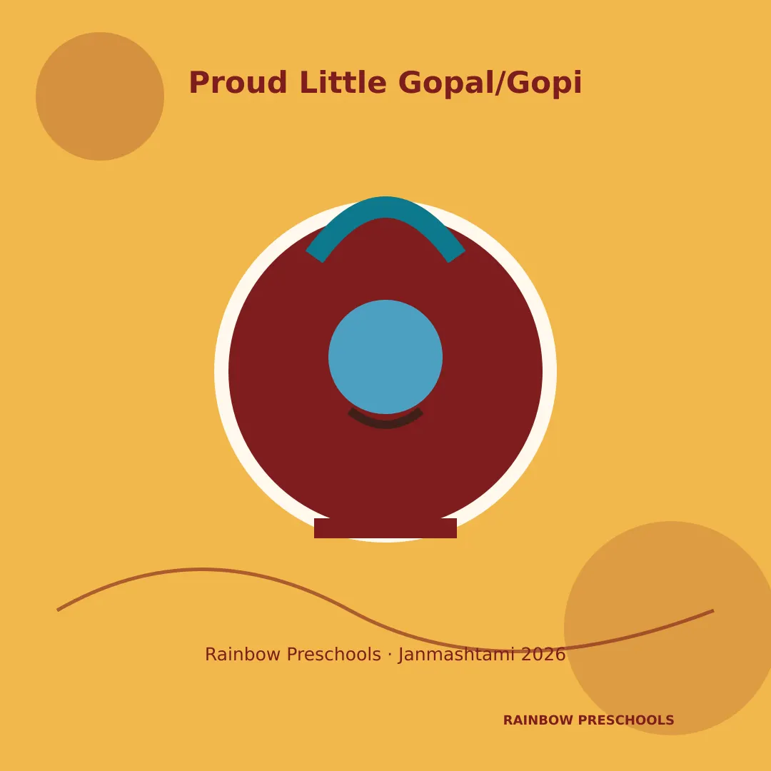 Janmashtami 2026 Proud Little Gopal Gopi badge frame — free download from Rainbow Preschools