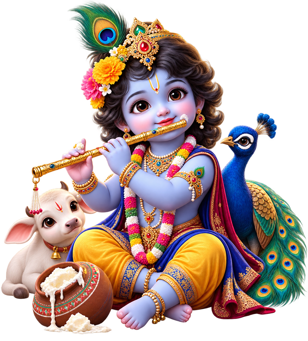 Little Krishna playing the flute with a peacock, calf and butter pot
