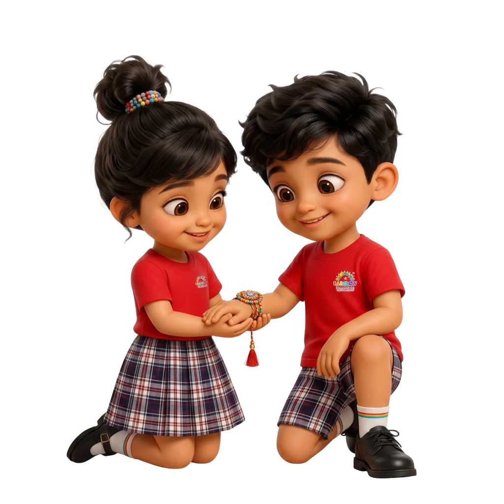Two preschool children smiling after a rakhi is tied