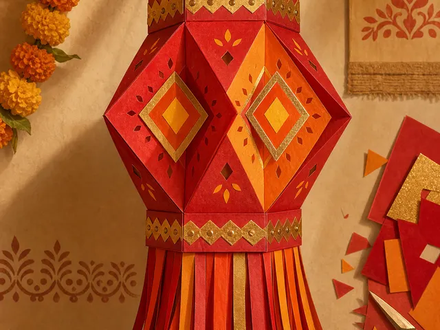 Illustration of hanging red and gold paper akash kandil with folded panels and long fringed tassels