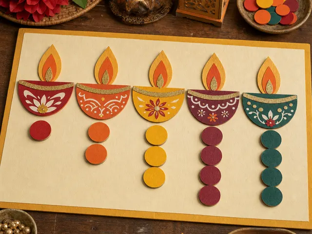 Illustration of five paper diya cards with rows of coloured counting counters
