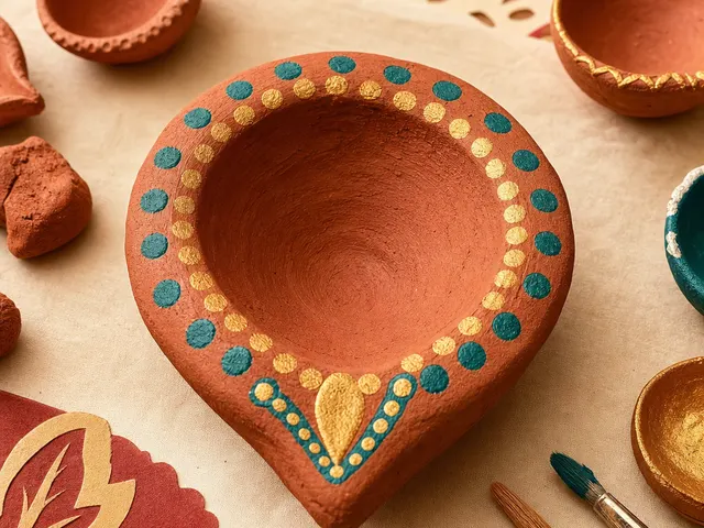 Illustration of handmade clay diya with a finger-shaped rim and teal and gold painted dots
