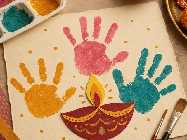 Illustration of three coloured handprints around paper diyas on a sheet beside paints and brushes