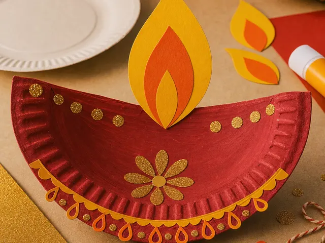 Illustration of decorated red paper-plate diya with a yellow paper flame, glitter dots and paper trim