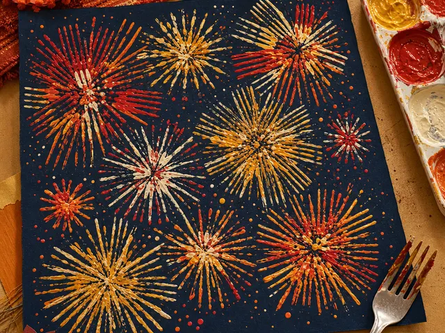 Illustration of colourful fork-print firework bursts painted on navy paper beside paint and a fork