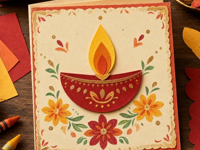 Illustration of folded Diwali greeting card decorated with a paper diya, flowers and gold dots