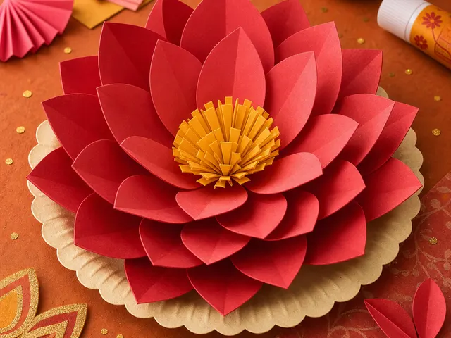 Illustration of layered red paper lotus with a yellow centre on a scalloped paper-plate base