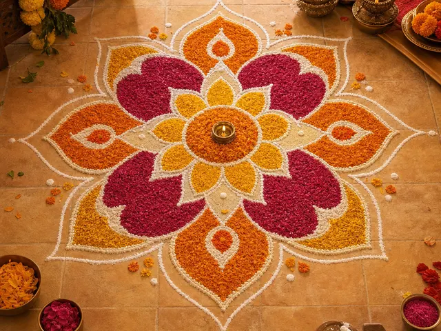 Illustration of flower-shaped rangoli on a floor with coloured rice, chalk outlines and bowls of petals