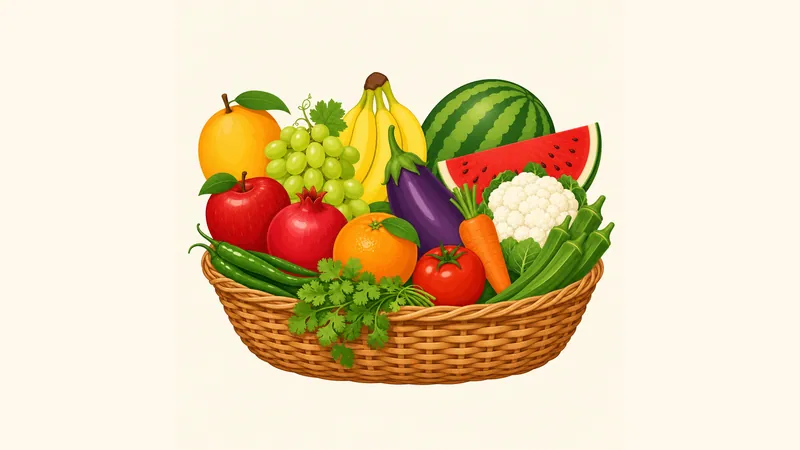Illustration of a basket of fruits and vegetables for learning names in English and Hindi