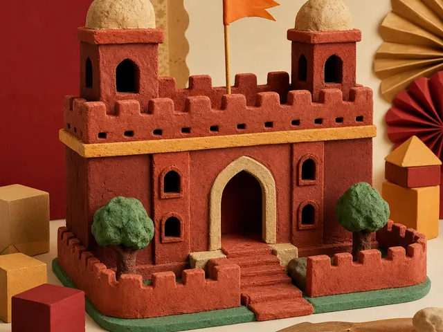 Illustration of handmade miniature fort with towers, battlements, steps, a paper flag and small clay trees