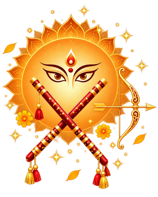 A golden sun bearing the blessing eyes of Maa Durga, with crossed dandiya sticks and a bow and arrow