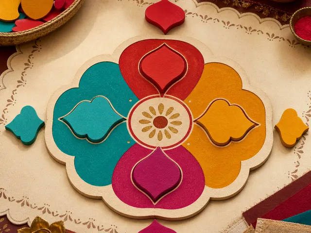 Illustration of four-colour rangoli matching board with large coloured shapes arranged beside its petals