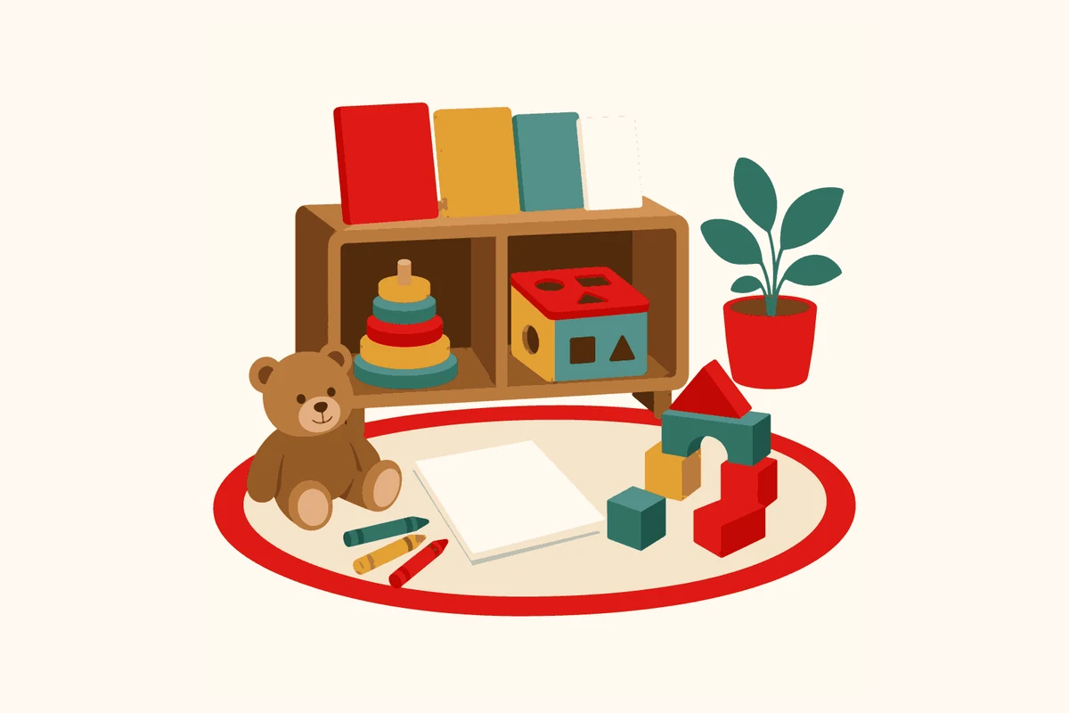 Flat illustration of a cosy play corner with stacking rings, a shape sorter, picture books, crayons and paper, a teddy, building blocks and a rug