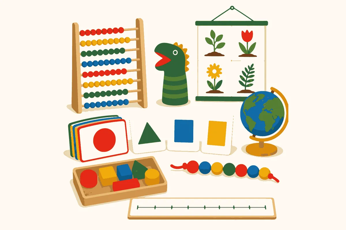 Flat illustration of preschool teaching aids on a table: flashcards, abacus, counting beads, shape blocks, puppet, picture chart, number line and globe